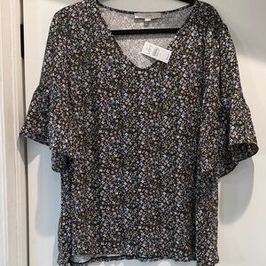 LOFT Black Multicolor Floral V-Neck Top